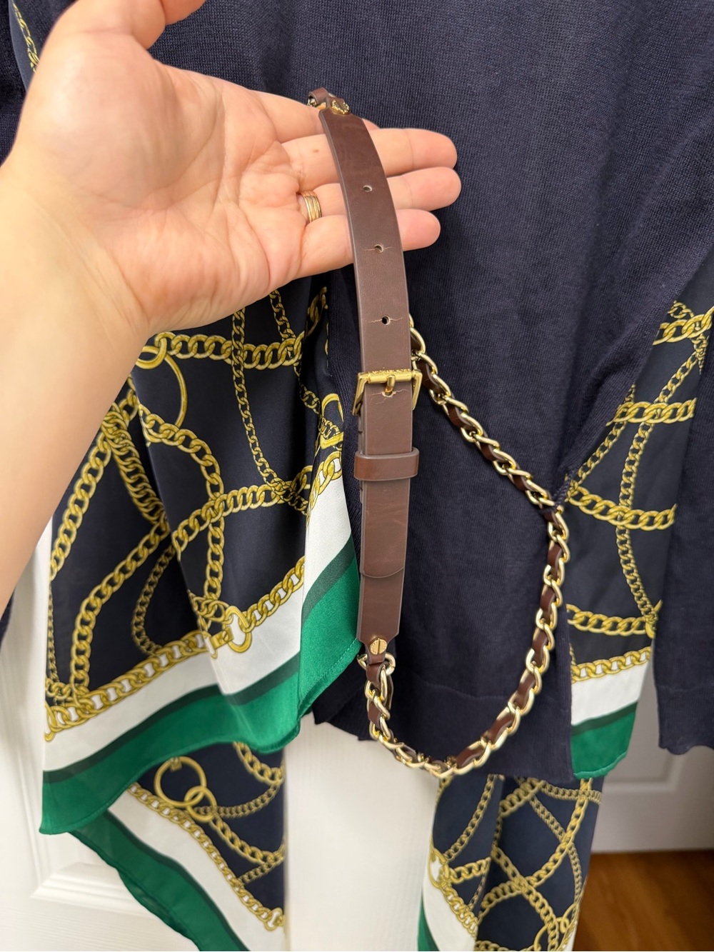 Michael Kors Navy Gold Chain Equestrian Print Satin Drape Cardigan Size S - Picture 10 of 10